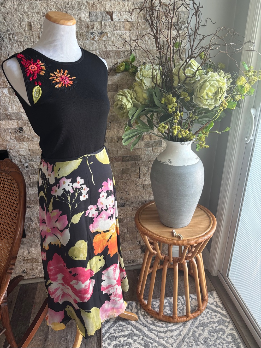 Dana Buchman Petite Floral Print A-Line Midi Skirt and Embroidered Sweater